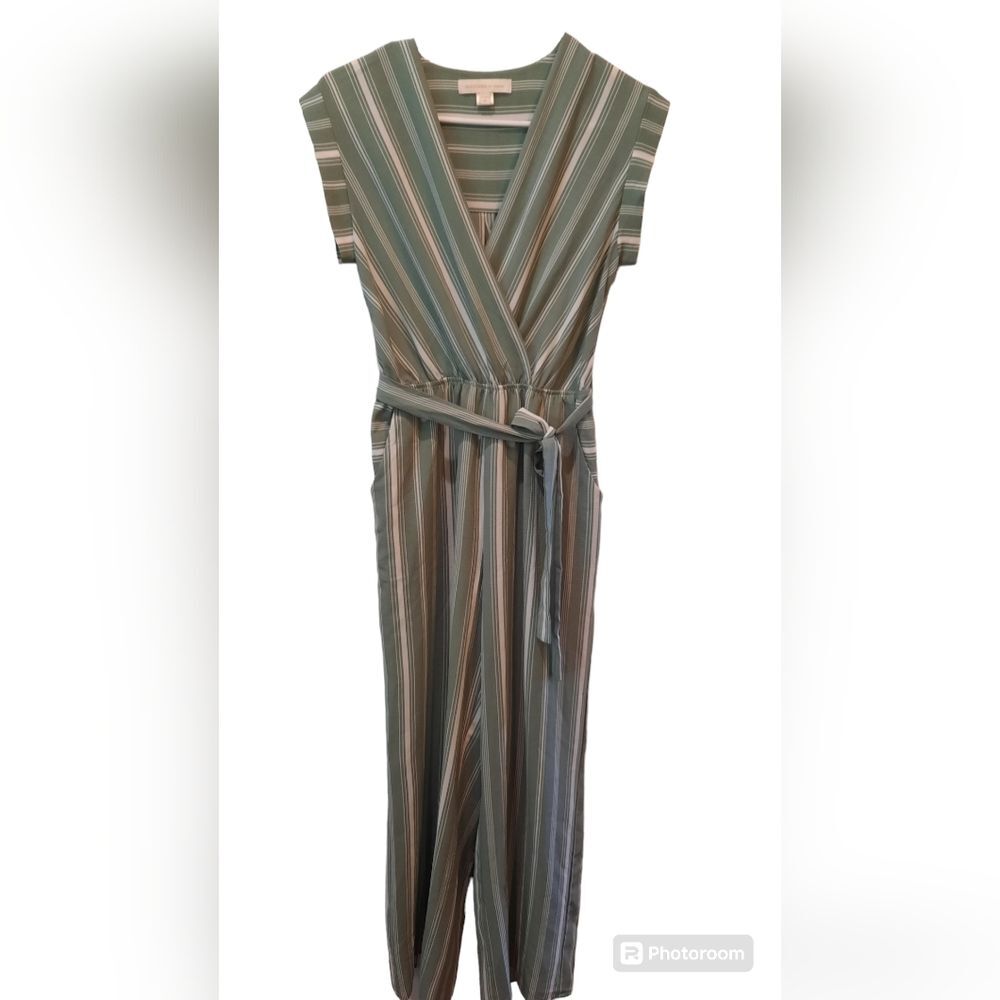 Monteau Romper Womans Medium Green/White Striped Wrap Top Casual Beach